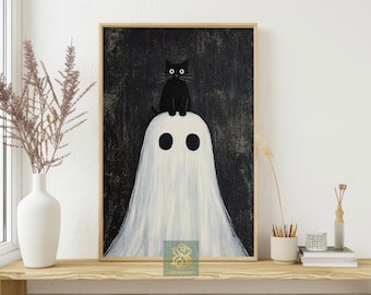Black Cat Ghost Canvas Print: Minimalist Halloween Wall Art