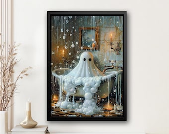 Vintage Ghost in Bathtub Canvas Print: Halloween Bathroom Art