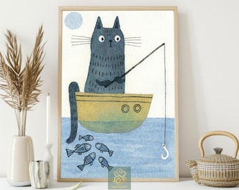 Fishing Cat Canvas Print: Nautical Funny Cat Wall Art