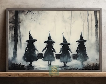 Young Witches Canvas Print, Dark Halloween Poster, Spooky Witchy Wall Art
