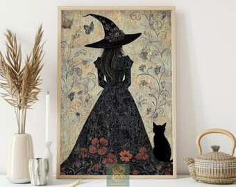 Witch And Cat Canvas Print, Gothic Halloween Poster, Mystical Fantasy Wall Art Decor