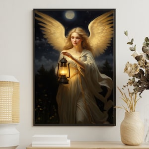 Vintage Angel Hold The Lantern Painting, Angel Art Print, Angel Canvas Print, Angel Poster Print, Angel Wall Decor, Angels Wall Hanging