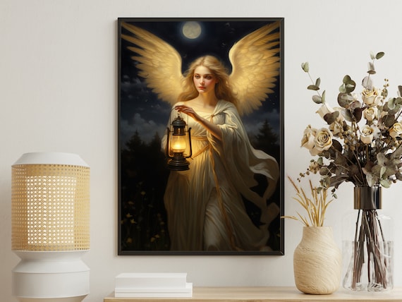 Vintage Angel With Lantern Canvas Art Print - Angelic Wall Decor