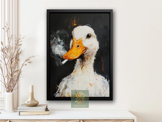 duck smoking cigarette painting Smoking Duck Canvas Print, Funny Duck Poster, Quirky Animal Wall Art