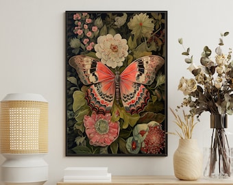Vintage Butterfly Canvas Print: Botanical Flowers Wall Art
