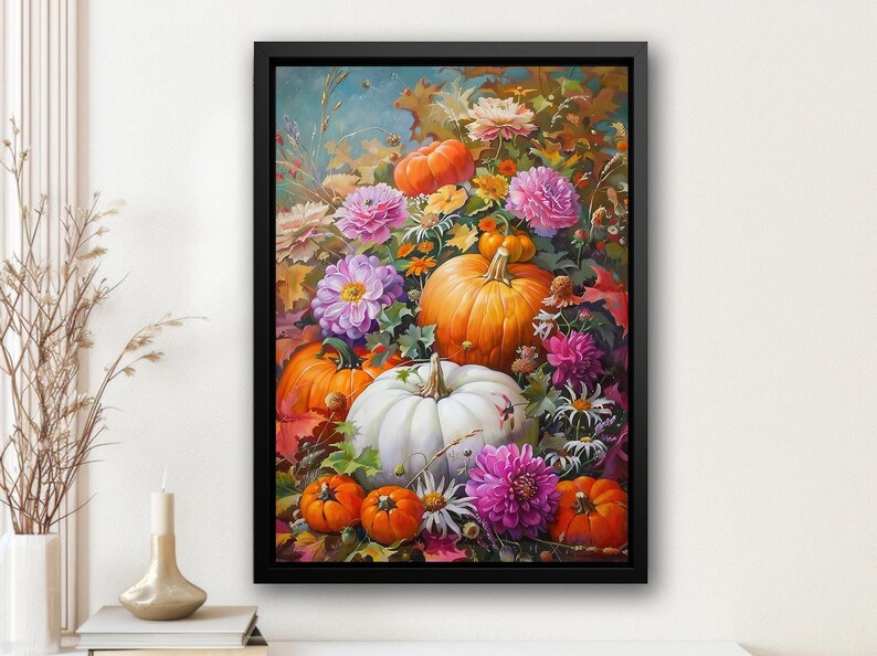 May include: A painting depicting a still life arrangement of pumpkins and flowers. The pumpkins are in shades of orange and white, while the flowers are pink, purple, and white. The background features green leaves and brown branches.