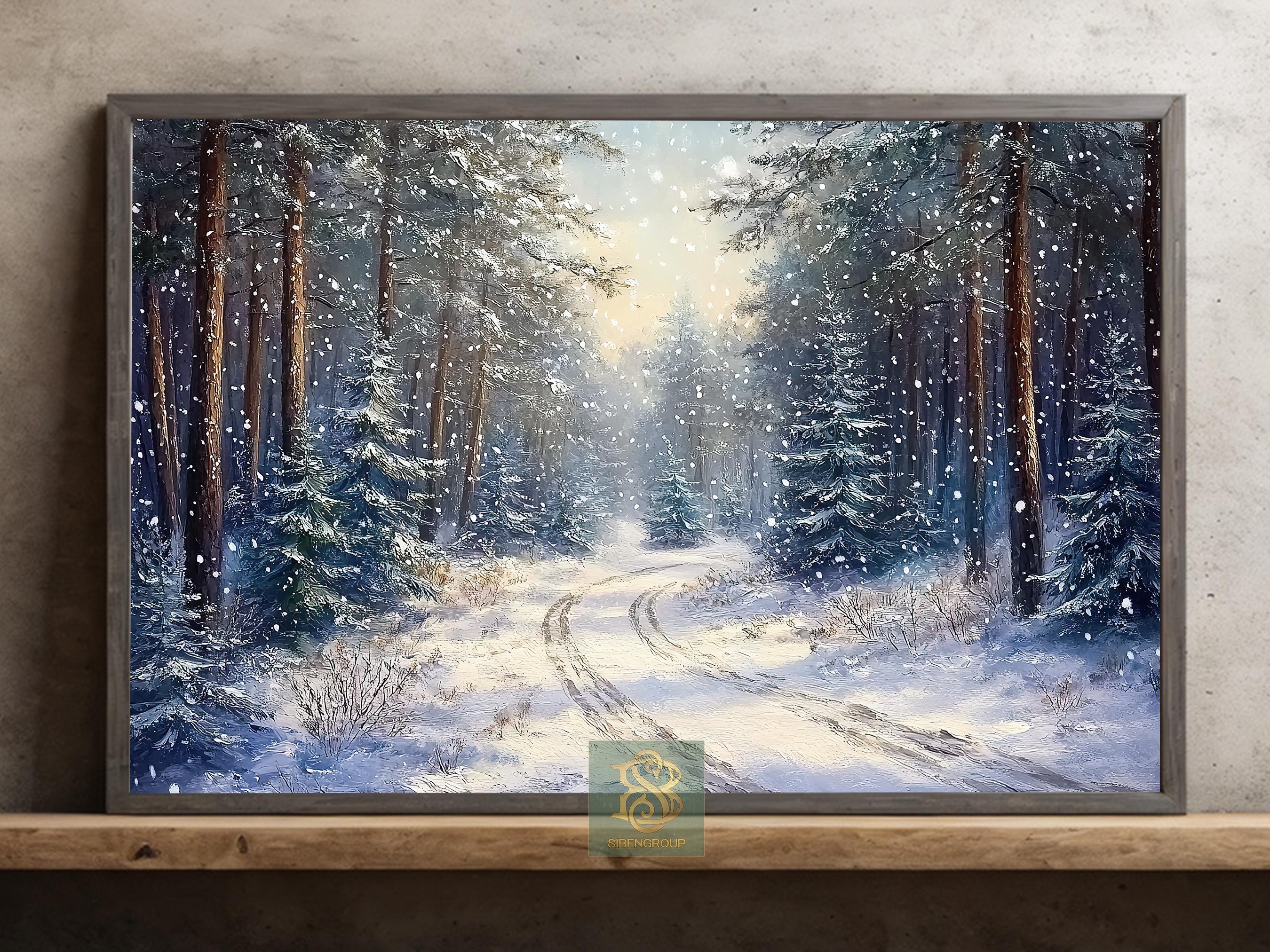 Snowy Forest Path Canvas Print, Winter Pine Poster, Peaceful Woods Wall ...