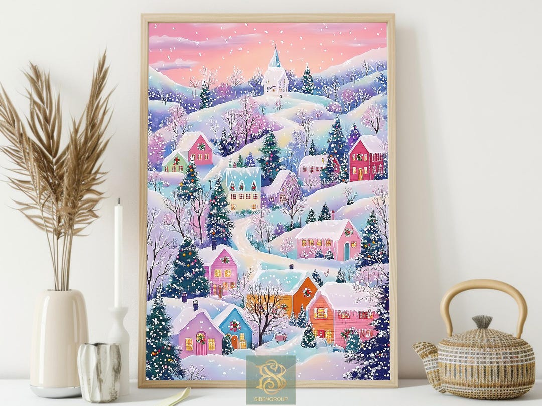 Winter Village Canvas Print, Snowy Houses Poster, Christmas Town Wall ...