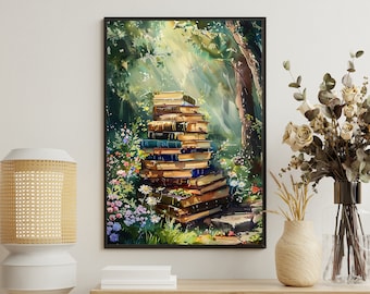 Vintage Magic Books Canvas Print: Cottagecore Floral Wall Art