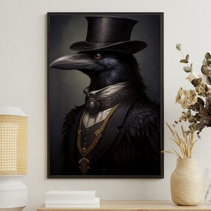 Raven In Suit Painting, Crow Art Print, Crow Canvas Print, Gothic Art Print, Dark Academia Art, Mythical Poster Print, Crow Wall Decor