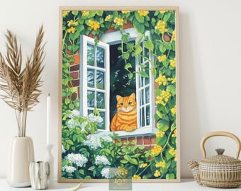 Ginger Cat Canvas Print, Window Garden Poster Print, Cozy Home Wall Art Decor