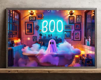 May include: A framed digital art print of a bathroom scene with a ghost in a bathtub filled with vapor. The word "BOO" is in neon lights above the tub. The room is decorated with framed pictures and lit with candles.