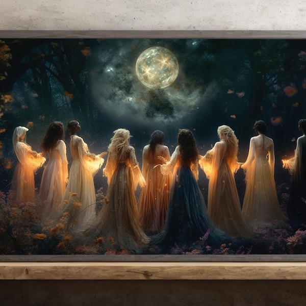 Impresión en lienzo de la bruja que llama a la luna: Arte de mujer mítica de Halloween