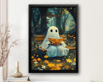Vintage Ghost Reading Canvas, Halloween Wall Decor, Dark Academia Print