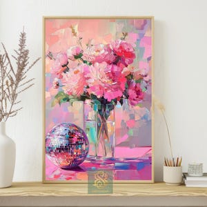 Impresión en lienzo de peonía rosa disco, póster con jarrón de flores pastel, decoración de pared divertida y glamurosa