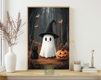 Halloween Ghost Canvas Print: Witch Hat, Black Cat, Spooky Forest