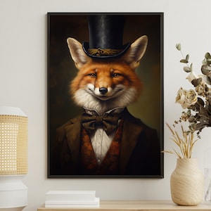 Vintage Victorian Fox Painting, Retro Fox Art Print, Fox Canvas Print, Gothic Art Print, Dark Academia Art, Fox Poster Print, Fox Wall Decor