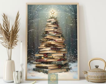 Vintage Christmas Book Tree Canvas Print: Winter Wall Art