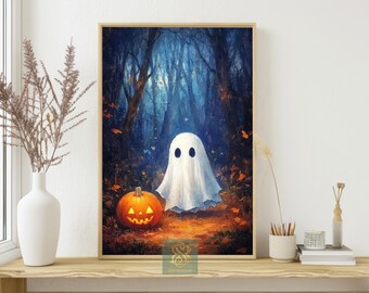 Spooky Ghost and Pumpkin Canvas Print: Halloween Night Wall Art