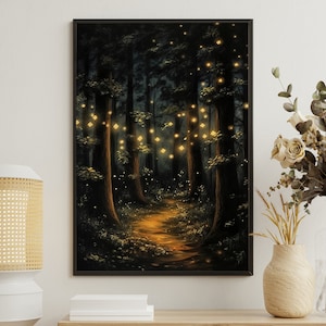 Vintage Magic Forest Light Painting, Enchanted Forest Art Print, Mythical Forest Canvas Print, Magical Forest Art, Gothic Art Print