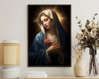 Virgin Mary Painting, Virgin Mary Art Print, Christian Canvas Print, Mother Of Jesus Poster Print, Jesus Wall Decor, Christian Wall Art