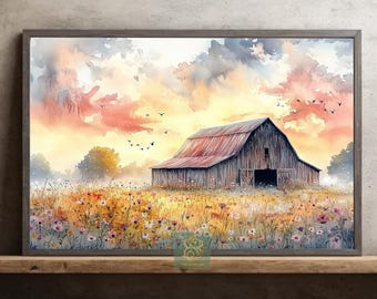 Rustic Barn Sunset Canvas Print, Watercolor Flower Field Poster Print, Country Farmhouse Wall Art