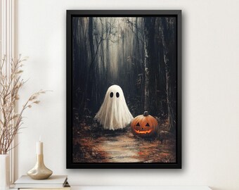 May include: A white ghost with two black eyes stands in a dark forest with a lit jack-o'-lantern pumpkin on the ground.