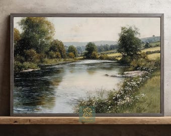 Peaceful River Landscape Canvas Print, Countryside Reflection Poster Print, Serene Nature Wall Art Decor