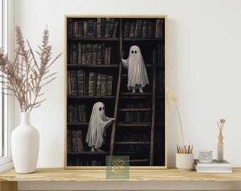 Spooky Ghosts in Library Canvas Print: Halloween Book Room Wall Art