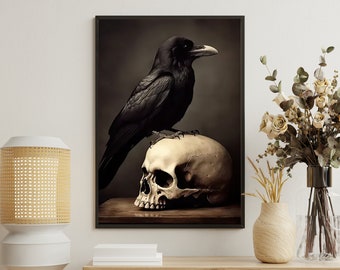 Vintage Raven Skull Art Print: Dark Academia Crow Poster