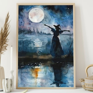 Cottage Watercolor Witch In Moon Night Canvas Print, Witch Poster Print, Halloween Wall Art, Halloween Wall Decor