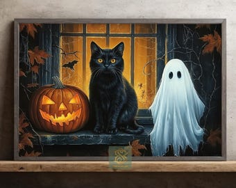 Black Cat & Ghost Canvas Print: Spooky Halloween Night Wall Art