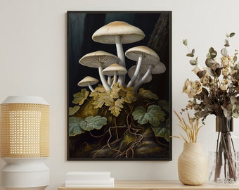 May include: A framed print of a botanical illustration featuring a cluster of white mushrooms with brown caps growing in a dark forest setting. The mushrooms are surrounded by green leaves and vines.