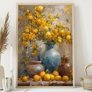 Florero amarillo y pintura de frutas, impresión de lienzo de flores, impresión de carteles de frutas, arte de pared de flores