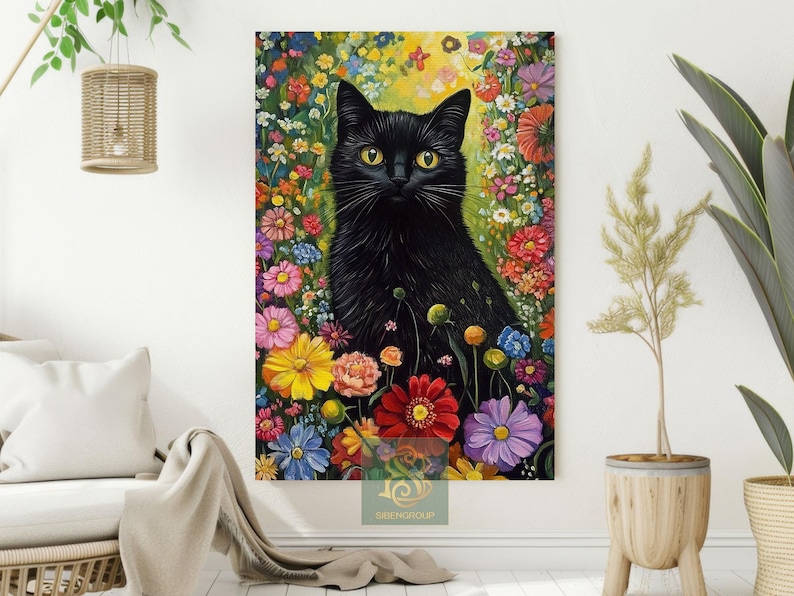 Black Cat in Flower Garden Canvas Print: Vibrant Floral Wall Art - Etsy