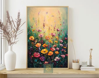 Blooming Wildflowers Canvas Print, Colorful Meadow Poster, Summer Nature Wall Art Decor