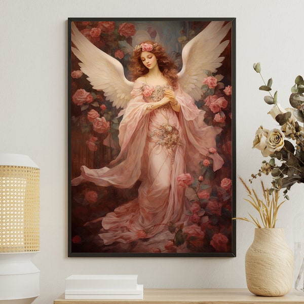 Vintage Floral Angel Painting, Angel Art Print, Angel Canvas Print, Angel Poster Print, Angel Wall Decor, Christian Wall Art
