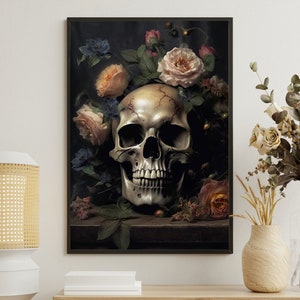 Vintage Skull Painting, Retro Skull Art Print, Cottage Skull Canvas Print, Gothic Art Print, Dark Academia Art, Dark Floral Skull Poster
