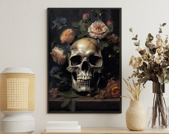 May include: A framed art print featuring a metallic skull surrounded by roses in shades of pink, peach, and blue. The dark background enhances the contrast of the skull and flowers, creating a gothic floral still life.
