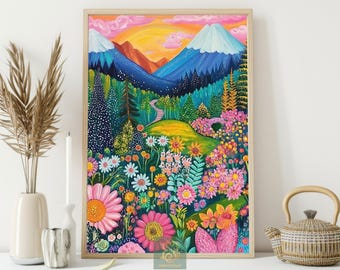 Colorful Mountain Meadow Canvas Print, Vibrant Landscape Poster, Wildflower Wall Art