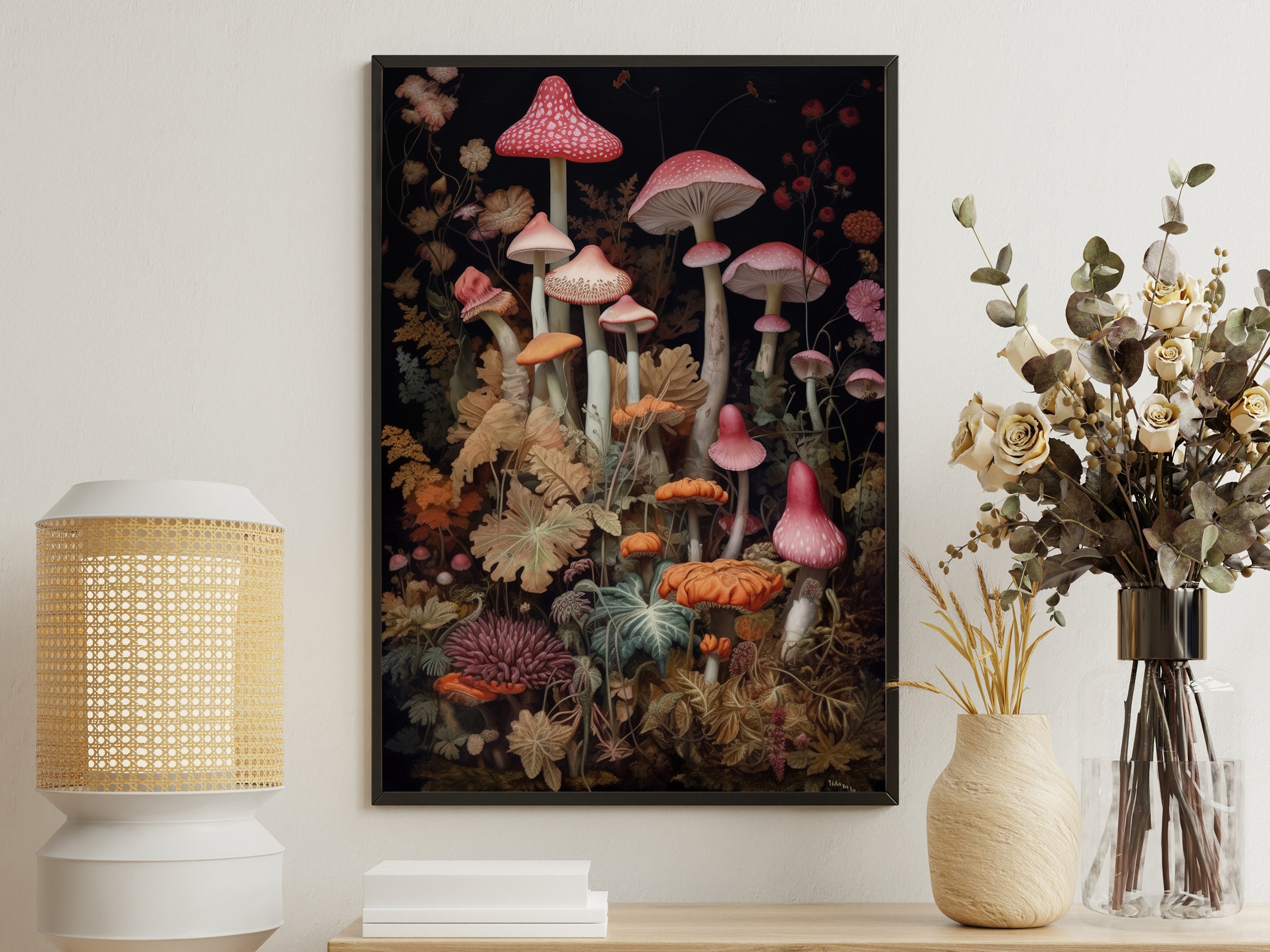Vintage Colorful Mushrooms Painting, Enchanted Forest Art Print, Botanical Canvas Print, Flowers Art Print, Magical Forest Art