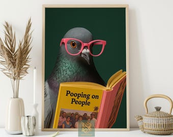 Funny Pigeon Canvas Print, Bird Reading Pooping Book Poster, Hilarious Animal Wall Art Decor