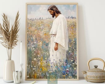Jesus In Field Canvas Print, Spiritual Walk Poster Print, Christian Flower Wall Art Decor