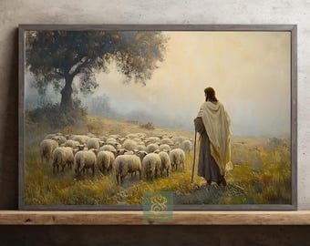 Shepherd’s Watch Canvas Print, Jesus With Flock Poster Print, Divine Care Wall Art Decor