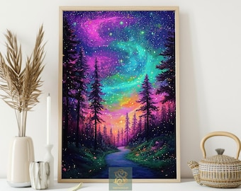 Cosmic Forest Canvas Print, Galaxy Night Poster, Aurora Path Wall Art