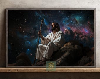 May include: A framed print depicts a figure in white robes seated on a rock, holding a staff, against a backdrop of a vibrant, colorful nebula and stars. The artwork is framed in a gray wooden frame, creating a celestial and spiritual theme.