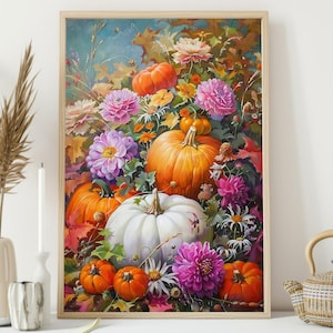 May include: A painting of a still life featuring pumpkins and flowers. The pumpkins are arranged in a vase with a variety of flowers, including pink, white, and yellow. The background is a light blue.