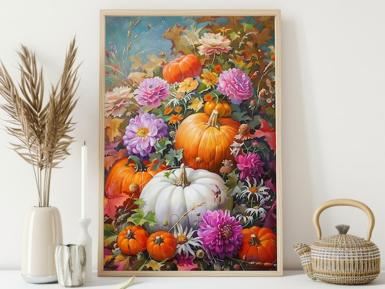 May include: A painting of a still life featuring pumpkins and flowers. The pumpkins are arranged in a vase with a variety of flowers, including pink, white, and yellow. The background is a light blue.
