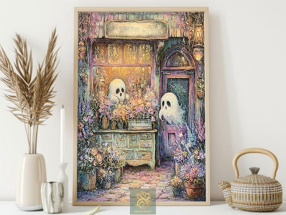Haunted Flower Shop Canvas Print, Ghost Wall Art, Cozy Spooky Floral Poster, Autumn Cottagecore Decor, Whimsical Halloween Artwork