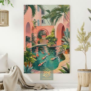 K&ouml;nnte beinhalten: Ein lebendiges Gem&auml;lde zeigt eine ruhige Hofszene. B&ouml;gen umrahmen einen Pool mit Kois, umgeben von &uuml;ppigem Gr&uuml;n und Topfpflanzen. Das Kunstwerk zeigt eine Palette aus Korallen, T&uuml;rkis und Gr&uuml;n und schafft eine ruhige, einladende Atmosph&auml;re. Der Stil erinnert an ein tropisches Resort.